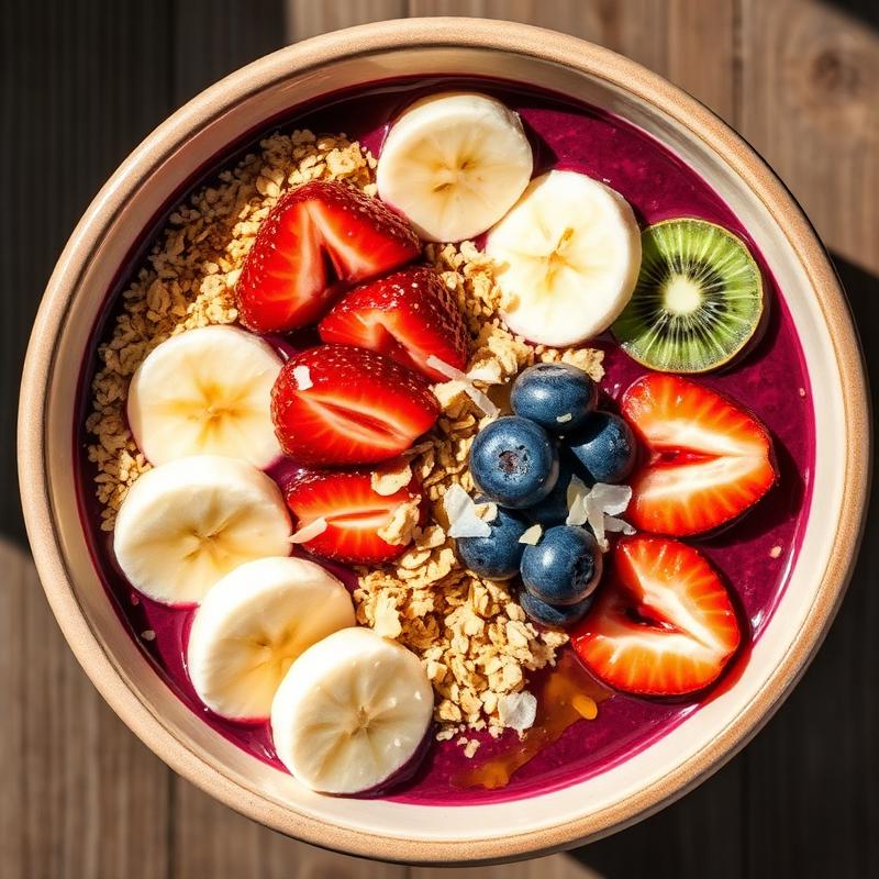 Overhead acai bowl with strawberries, banana, blueberries and granola