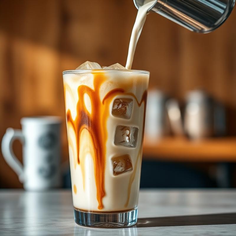 Iced caramel latte being poured in a tall glass