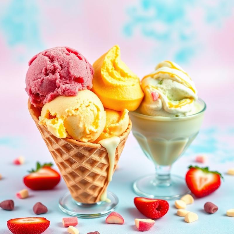 Real fruit ice cream scoops in a waffle cone with strawberries