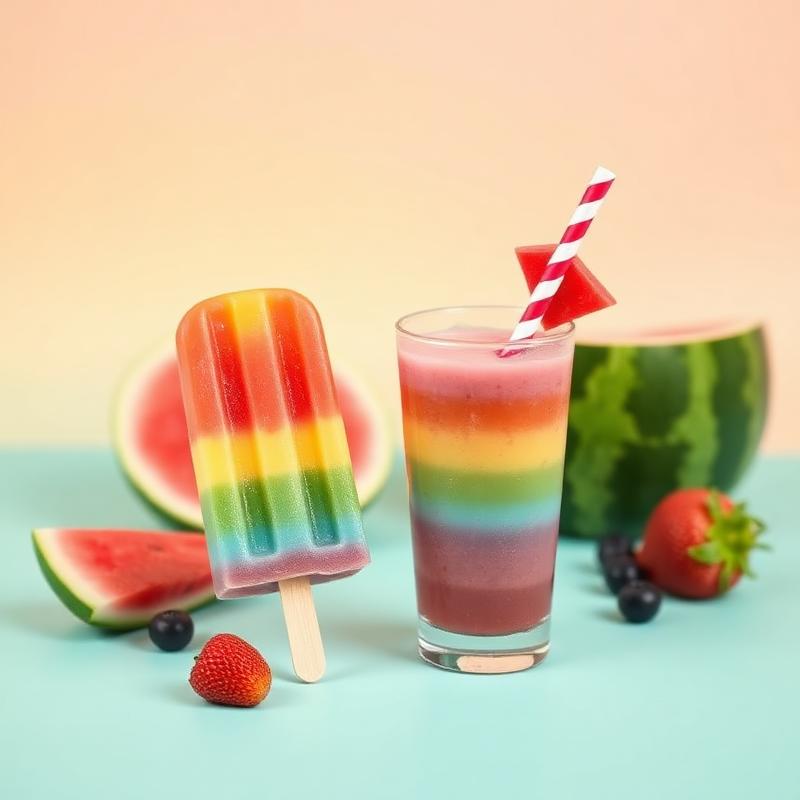 Colorful rainbow fruit popsicle and kids smoothie with watermelon