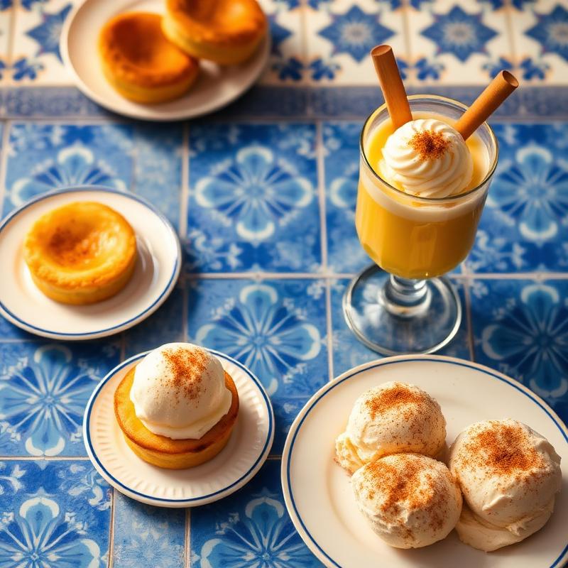 Portuguese desserts — pastel de nata, sundae and cinnamon ice cream on azulejo tile