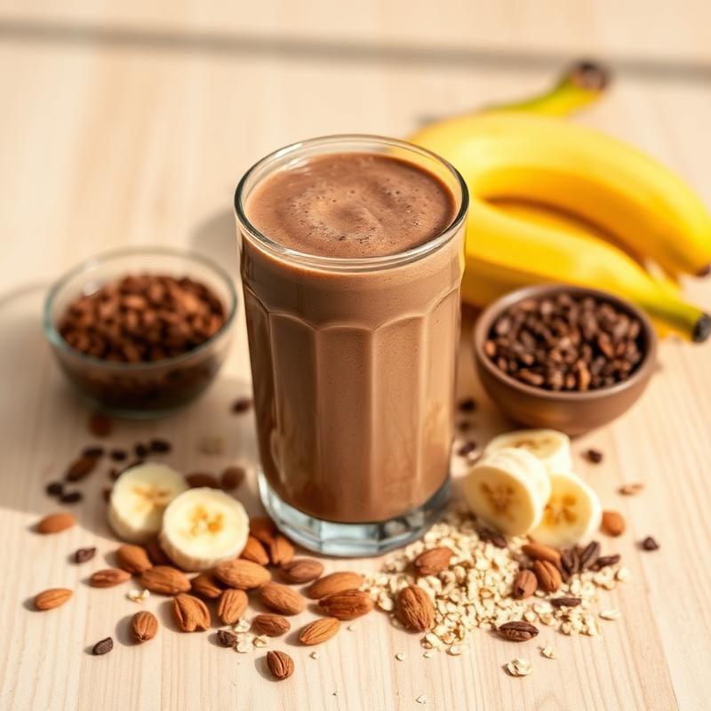 Chocolate banana protein smoothie with almonds and oats