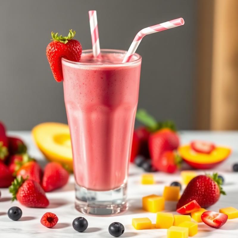 Real fruit strawberry mango smoothie in a glass cup